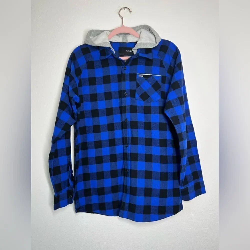 Hurley NWOT Plaid Flannel Hooded Button Down Chekkered Shirt Kids Size XL